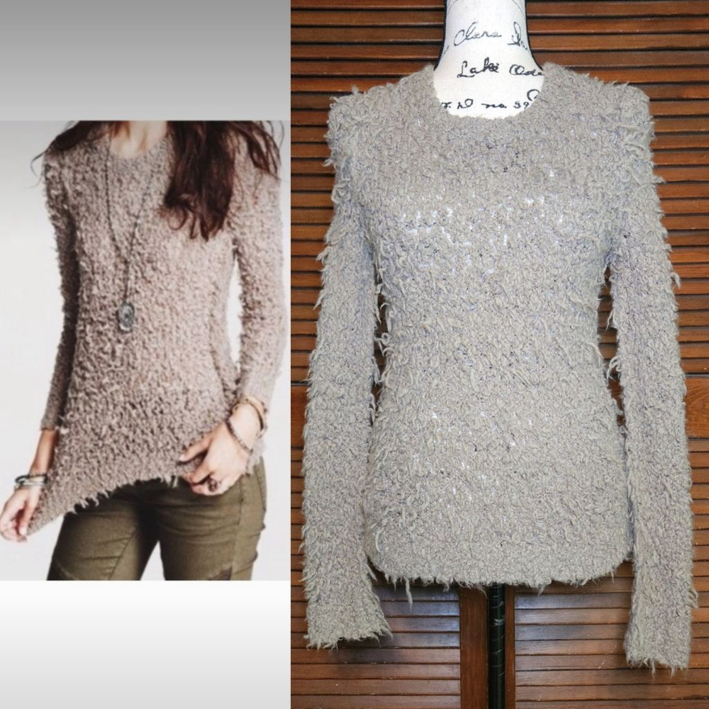 Free People Fuzzy Teddy Sweater In Taupe Brown Womens Small Crewneck Long Sleeve